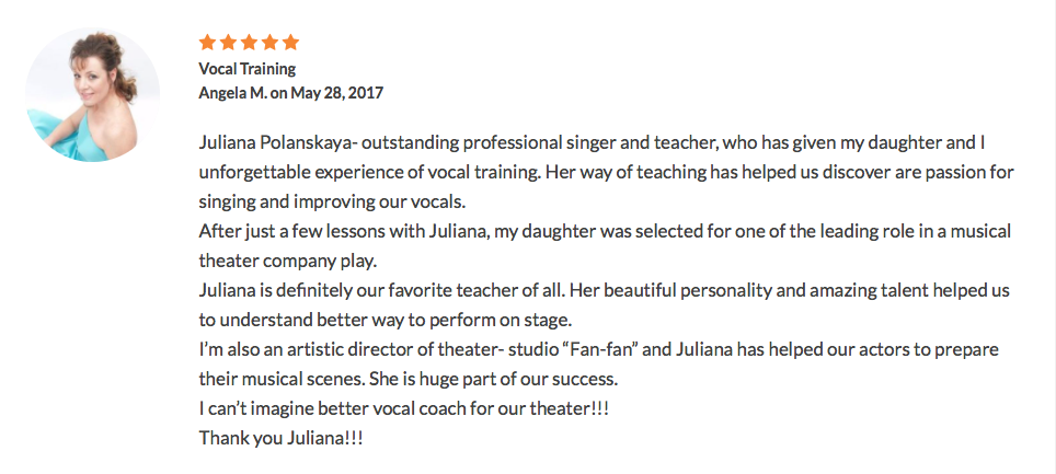 Five-star review from Angela M. about vocal training lessons with Juliana Polansky