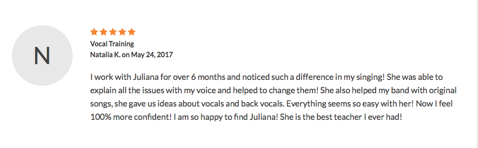 Five-star review from Natalia K. describing six months of singing lessons with Juliana