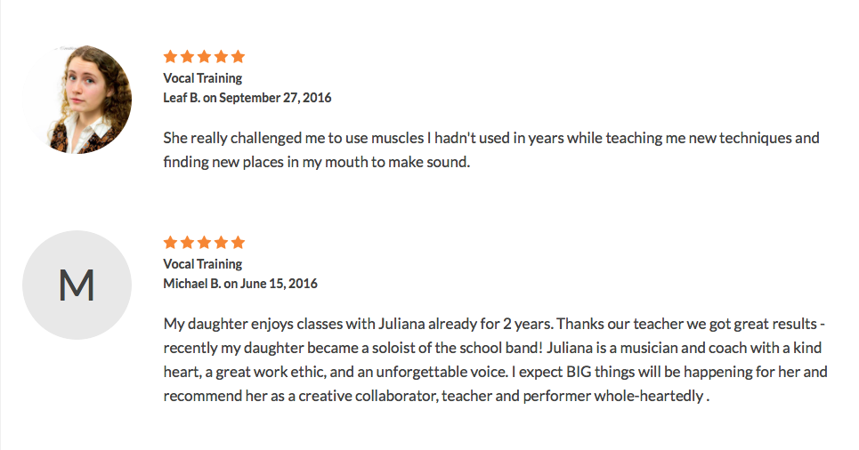 Five-star reviews from Leaf B. and Michael B. about vocal training results
