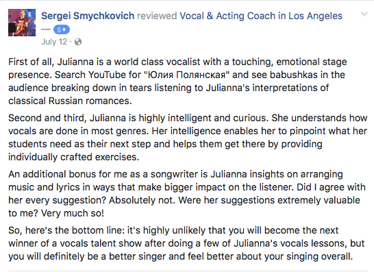 Facebook review from Sergei Smychkovich about Juliana's vocal coaching and musicianship