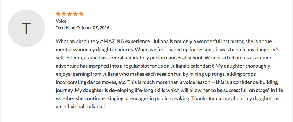 Five-star review from Terri H. about voice lessons and confidence building