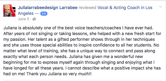 Facebook review praising Juliana as one of the best voice teachers and coaches
