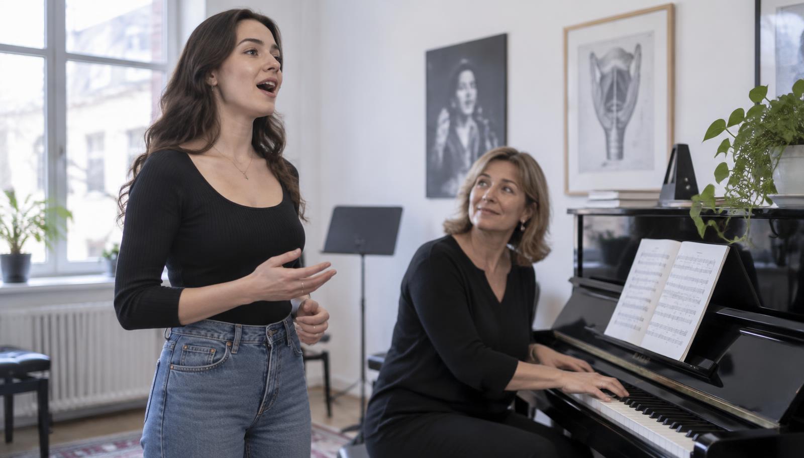 Young singer belting a phrase beside the piano while her vocal coach accompanies her in a bright voice studio