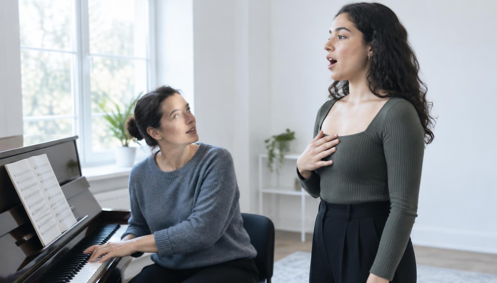A vocal coach at an upright piano guiding a young mezzo-soprano standing with sheet music in a bright voice studio