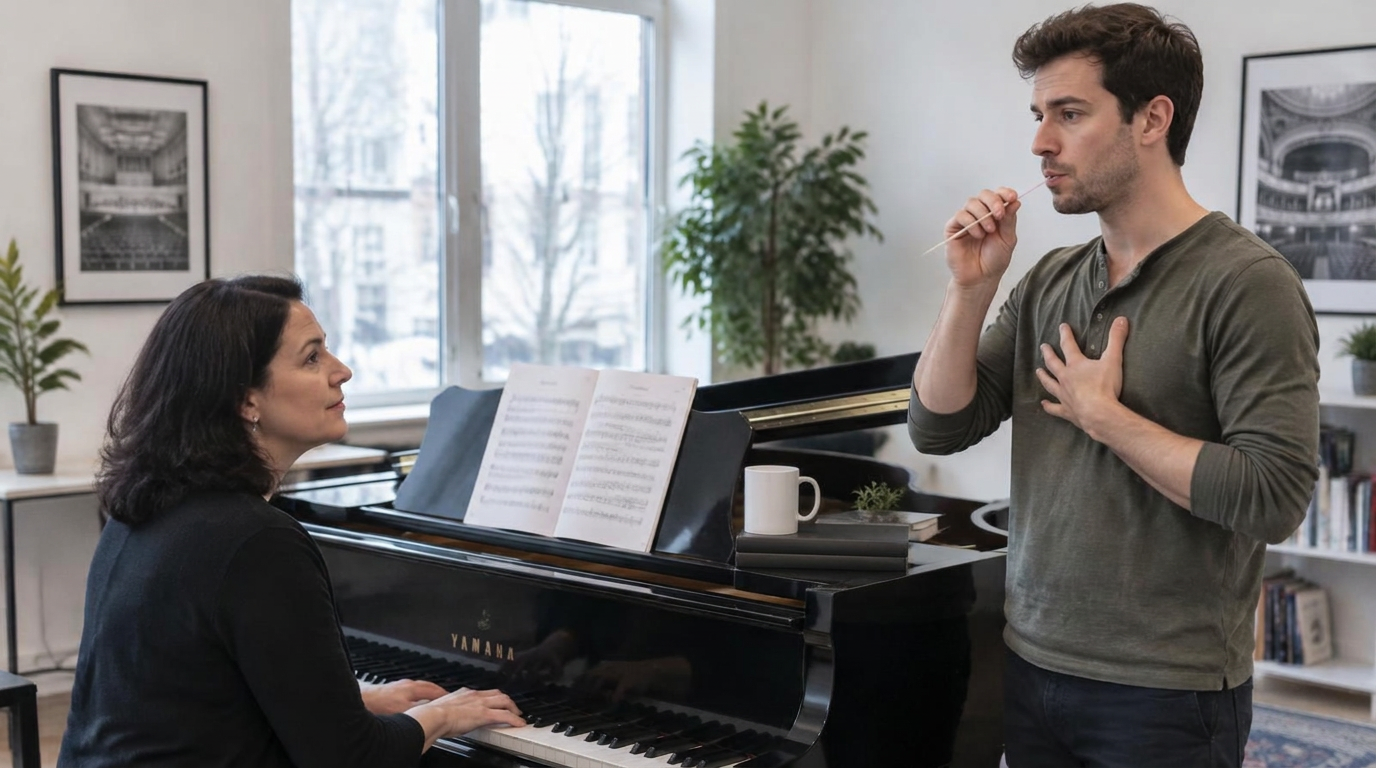 Vocal coach at a grand piano guiding a student through straw phonation to stabilise pitch in the middle voice