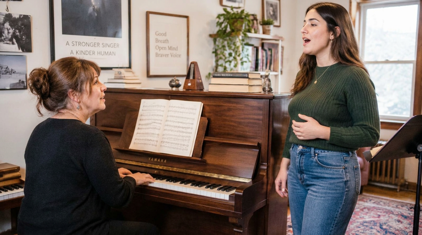 Vocal coach at an upright piano guiding a student through a rising scale during a private lesson